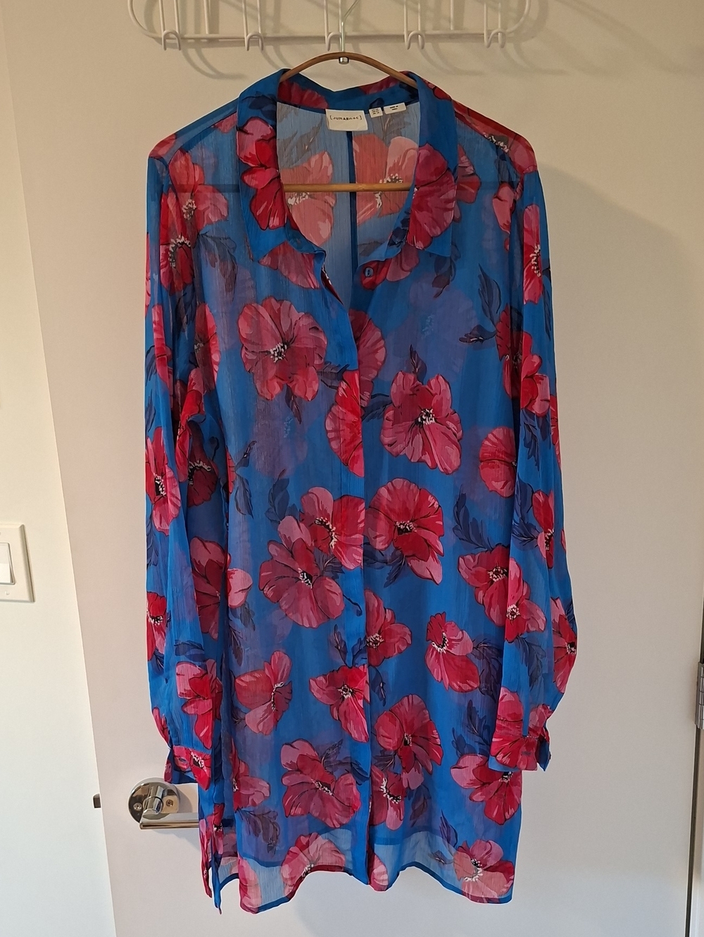 Junarose Vibrant Blue & Red/Pink Flowy Sheer Floral Blouse/Tunic (Size US 18)